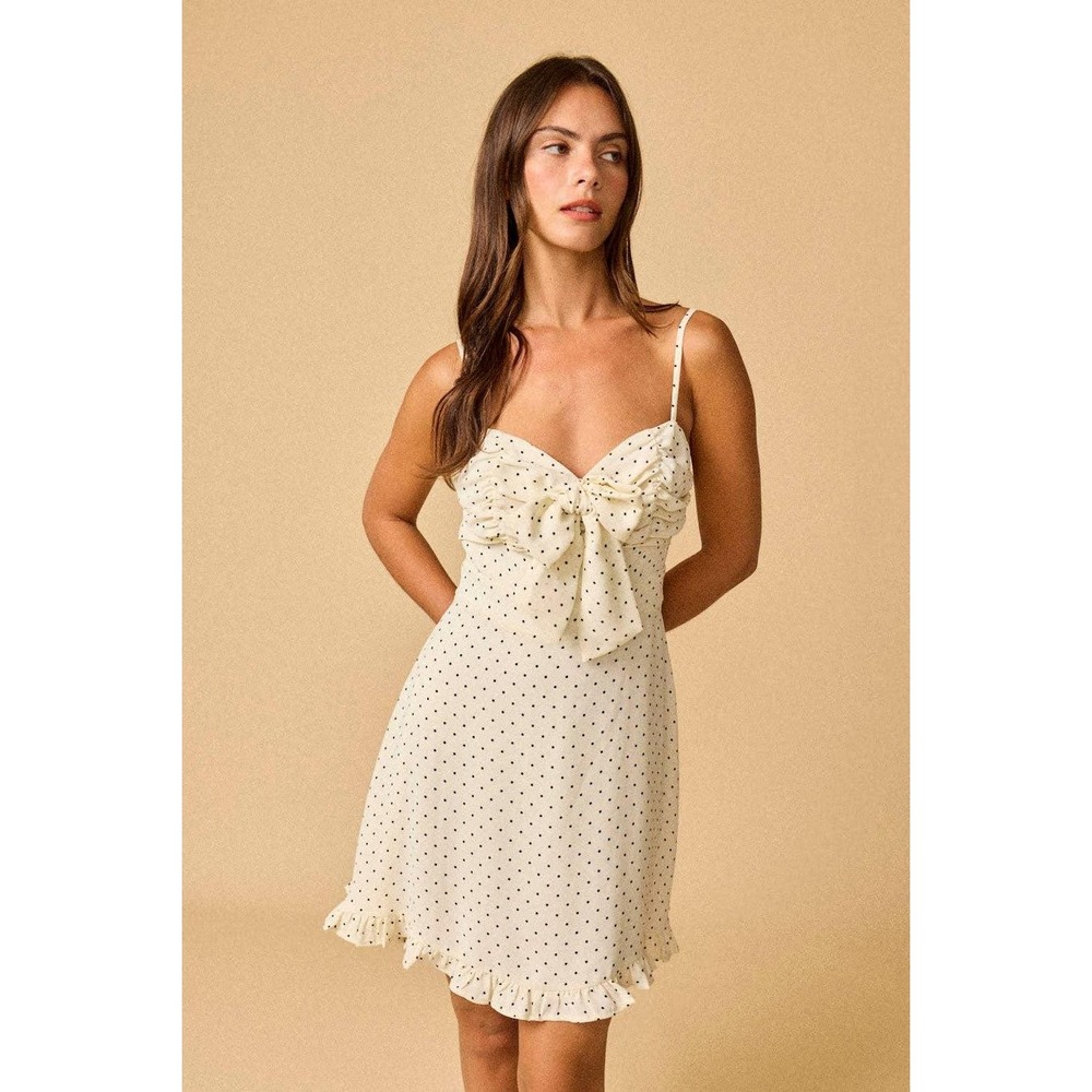 Papermoon Mini Dress Womens Large Cream Polka Dot Bow Front Ruffle Summer Retro